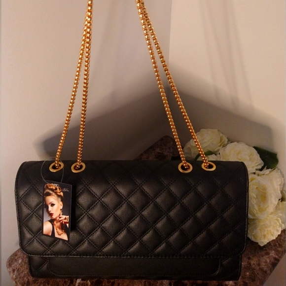 Black Elegant Diamond Quilted Old Hollywood Shoulder Bag - Picture 3 of 5